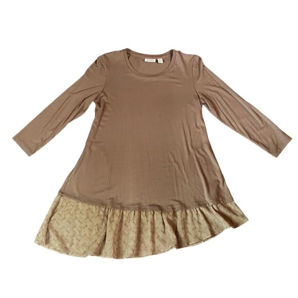 LOGO Camel-Colored Tunic w/2 Front Pockets, 3/4 Sleeves & Ruffle Bottom, Sz XXS - Picture 3 of 13